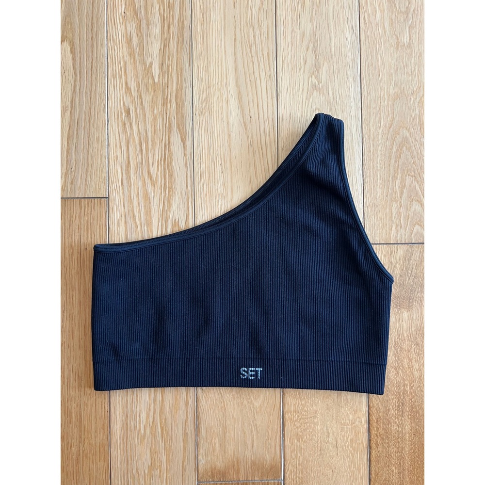 SET Active x Revolve Ribbed One Shoulder Sports Bra Top Black Womens Size S